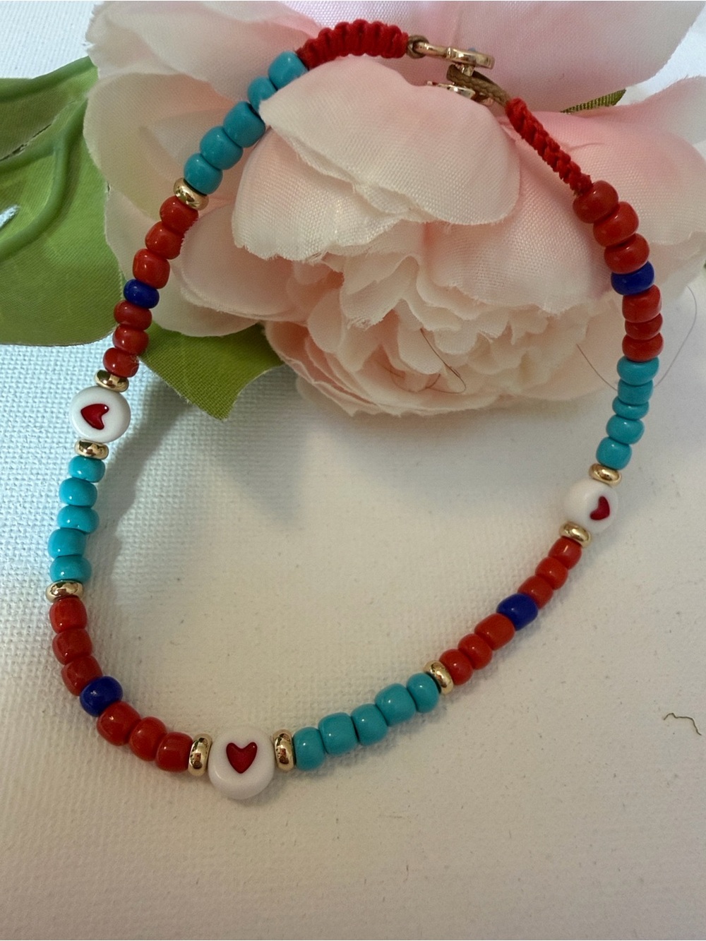 Roxanne Assoulin Red & Turquoise Beaded Heart Summer Anklet NEW